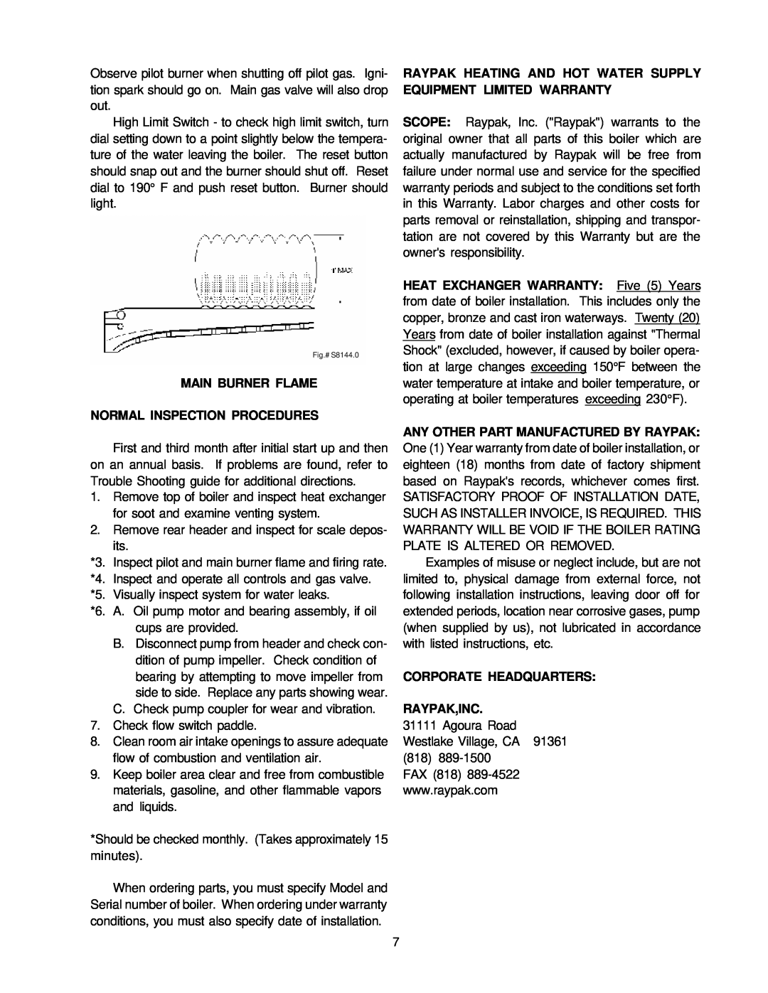 Raypak Gas Fired Boiler manual Main Burner Flame Normal Inspection Procedures, Corporate Headquarters Raypak,Inc 
