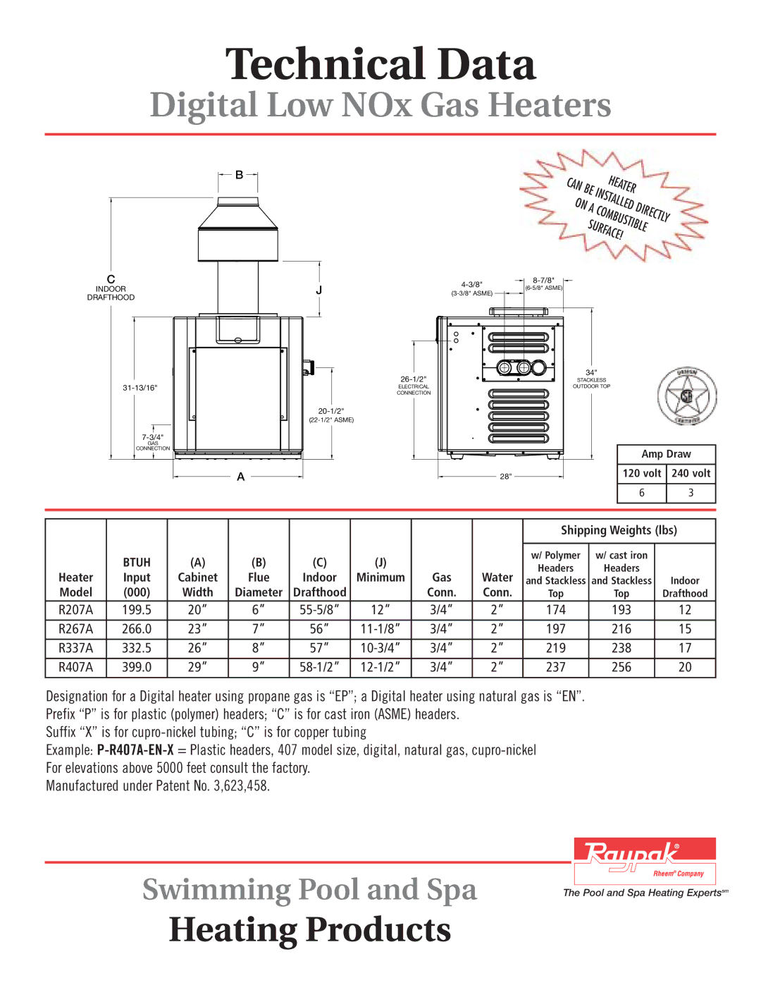 Raypak Gas Heaters manual Amp Draw Volt 240 volt, Cabinet Flue Indoor Minimum, Width, Drafthood Conn 