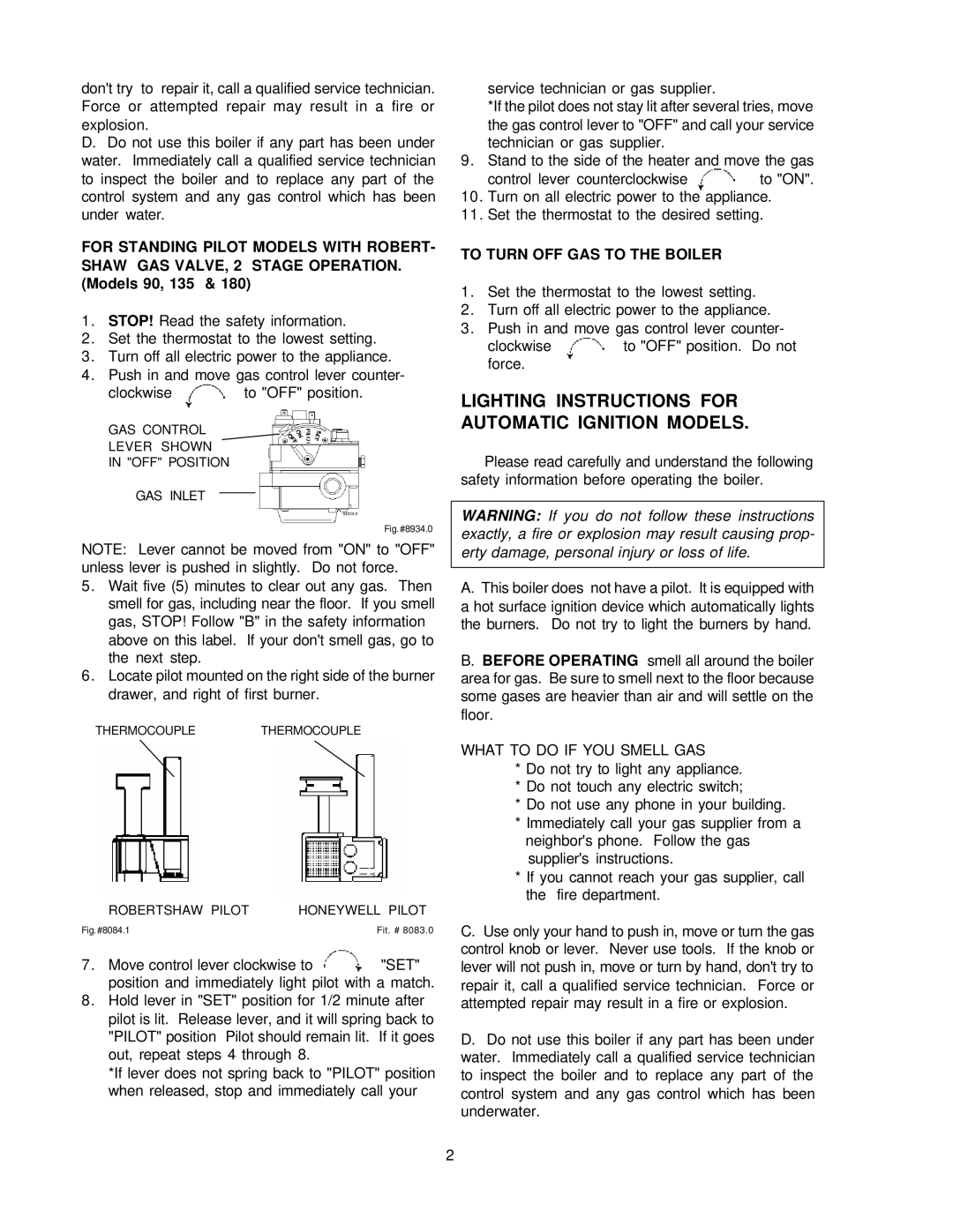 Raypak H-0090B, H-0042B, H-0030B Lighting Instructions for Automatic Ignition Models, Set, To Turn OFF GAS to the Boiler 