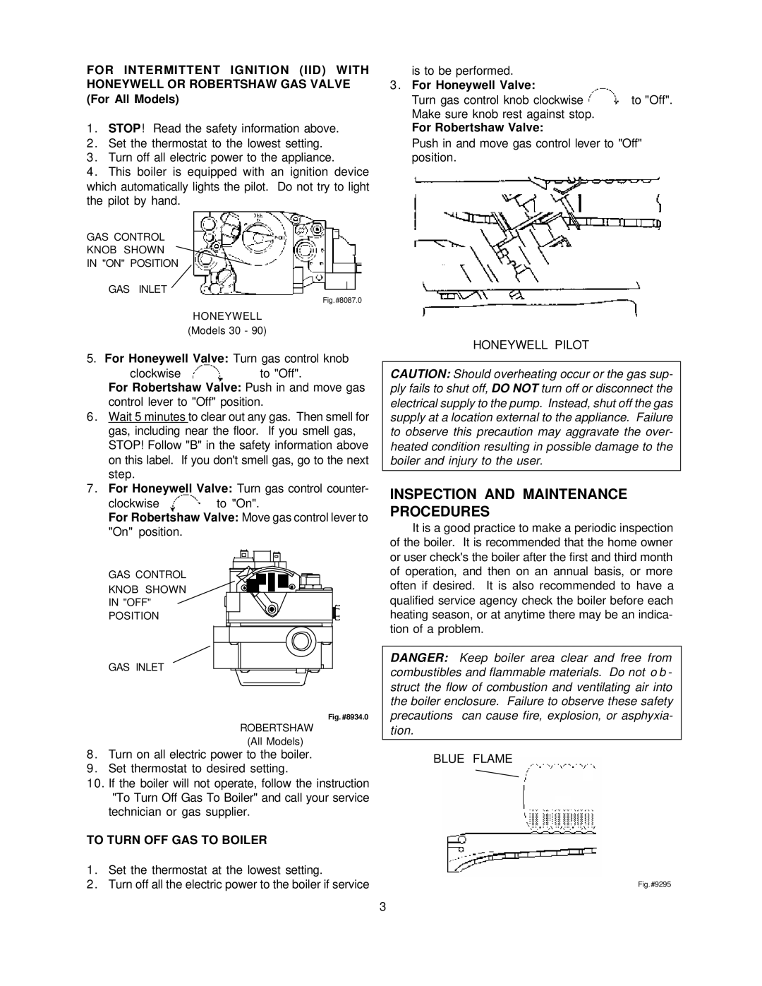 Raypak H-0180B, H-0042B manual Inspection and Maintenance Procedures, To Turn OFF GAS to Boiler, Honeywell Pilot, Blue Flame 