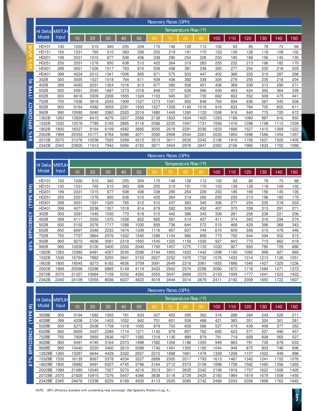 Raypak HD101 THRU 2342B manual 84% Efficiency Type H 85% Afue 85% Efficiency Type WH, 87% Efficiency Type H 