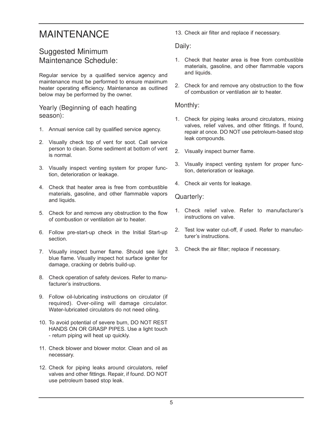 Raypak HD101, HD401 manual Suggested Minimum Maintenance Schedule 