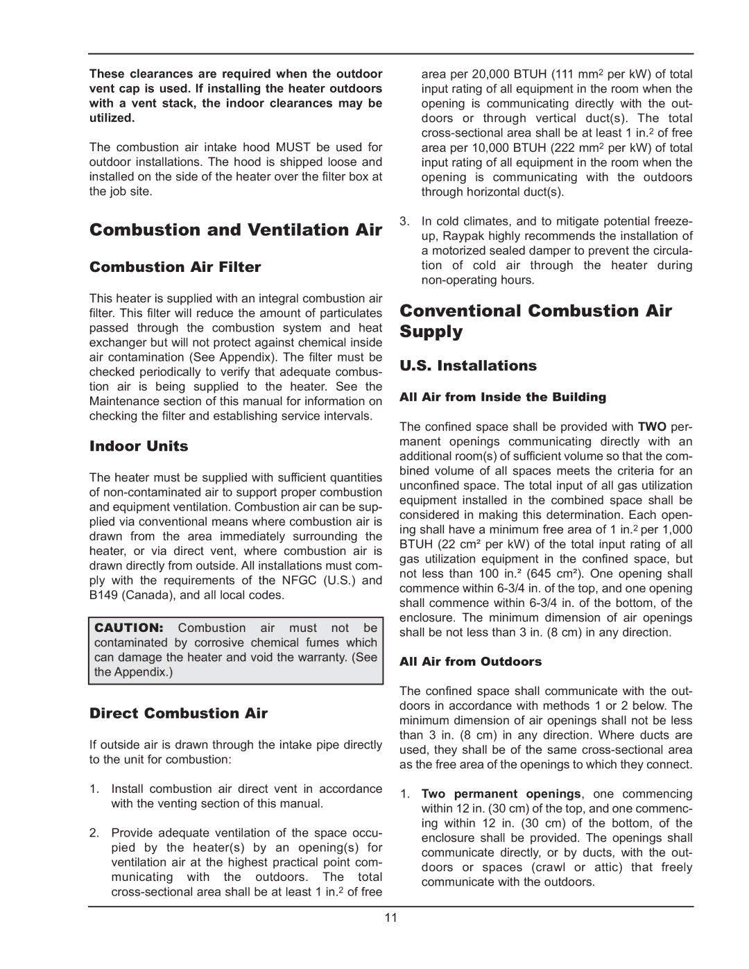 Raypak HD101, HD401 manual Combustion and Ventilation Air, Conventional Combustion Air Supply 