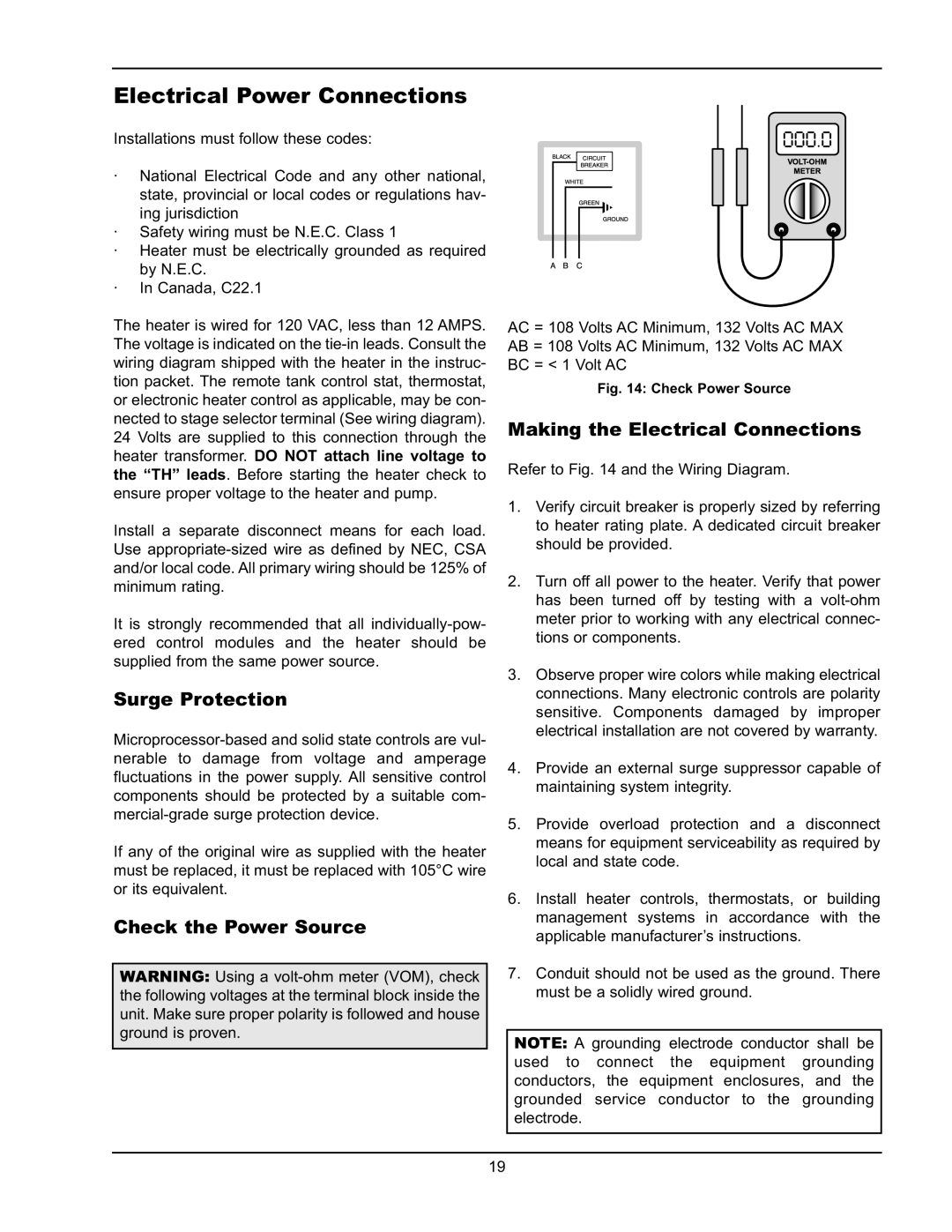 Raypak HD101 Electrical Power Connections, Surge Protection, Check the Power Source, Making the Electrical Connections 