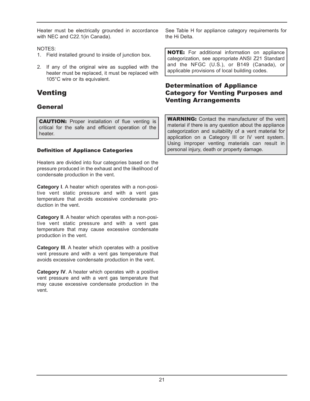 Raypak HD101, HD401 manual Venting, Definition of Appliance Categories 