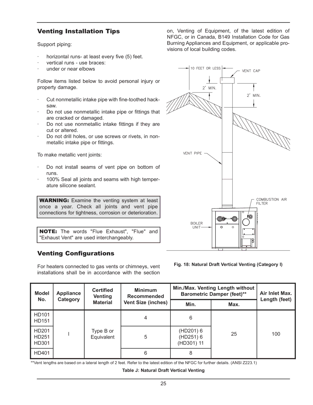 Raypak HD101 Venting Installation Tips, Venting Configurations, Certified Minimum, Model Appliance Barometric Damper feet 