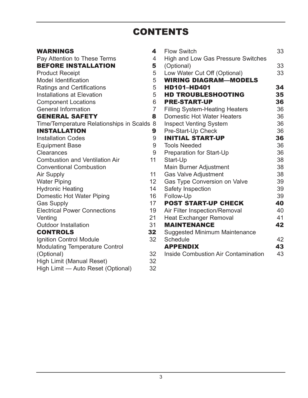 Raypak HD101, HD401 manual Contents 