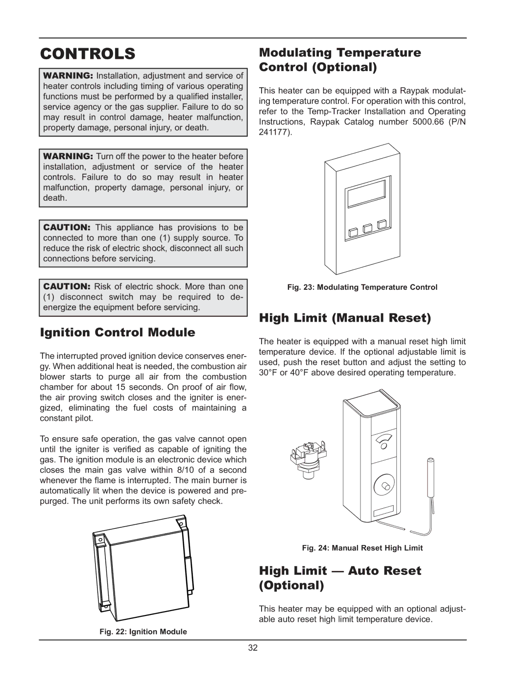 Raypak HD401, HD101 manual Controls, Ignition Control Module, High Limit Manual Reset, High Limit Auto Reset Optional 