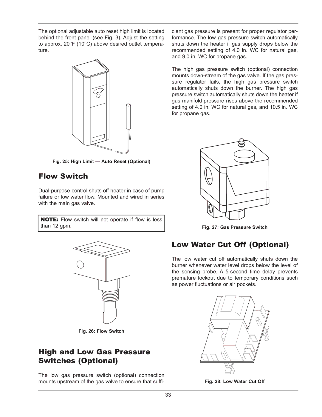 Raypak HD101, HD401 manual Flow Switch, Low Water Cut Off Optional, High and Low Gas Pressure Switches Optional 