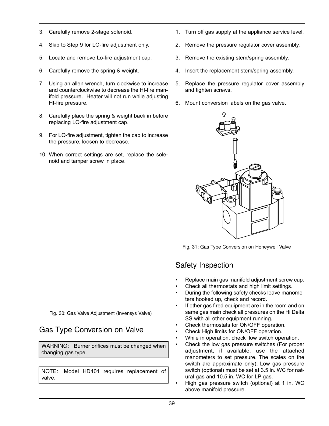 Raypak HD101, HD401 manual Gas Type Conversion on Valve, Safety Inspection 