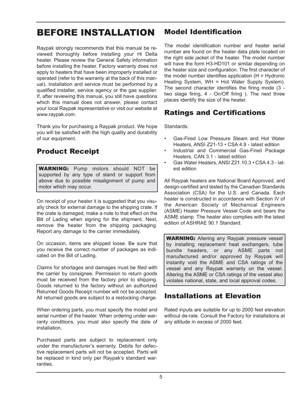 Raypak HD101, HD401 manual Product Receipt, Ratings and Certifications, Installations at Elevation 