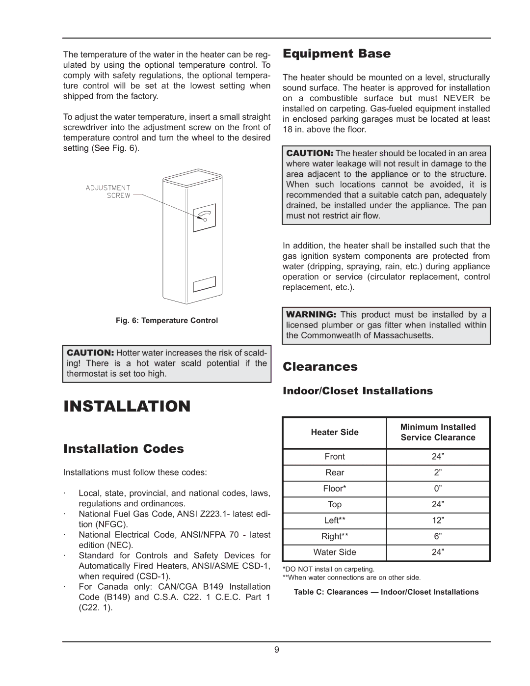 Raypak HD101, HD401 manual Installation Codes, Equipment Base, Clearances, Indoor/Closet Installations 