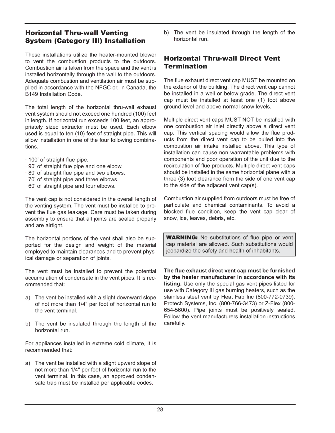 Raypak HD401, HD101 operating instructions Horizontal Thru-wall Direct Vent Termination 