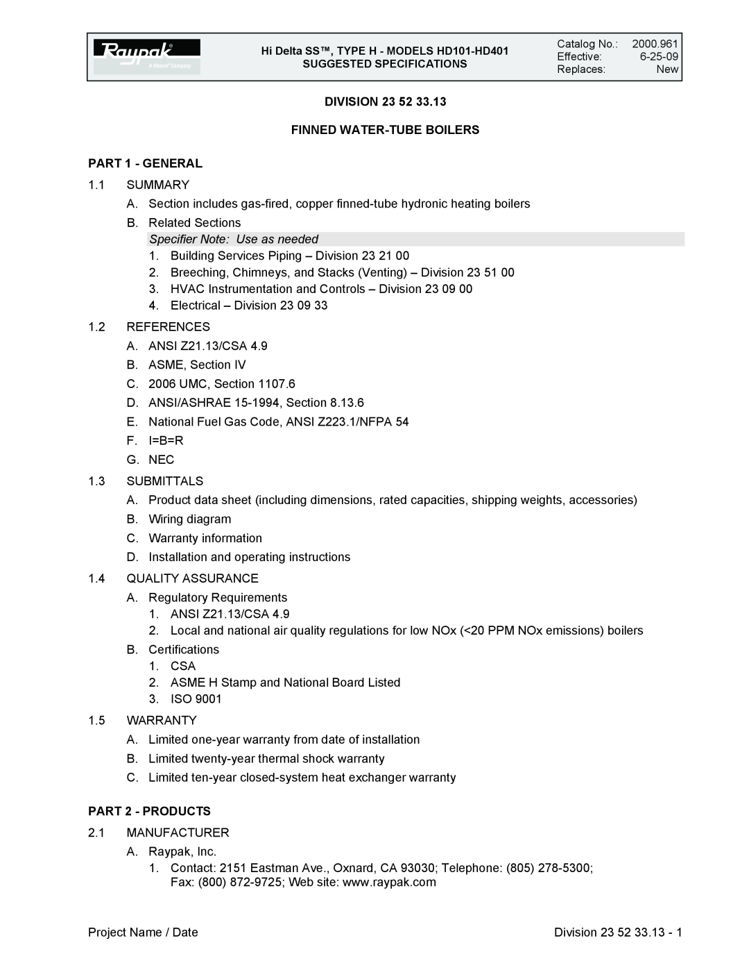 Raypak manual User’S Information Manual, Models HD101-HD401 Type H 
