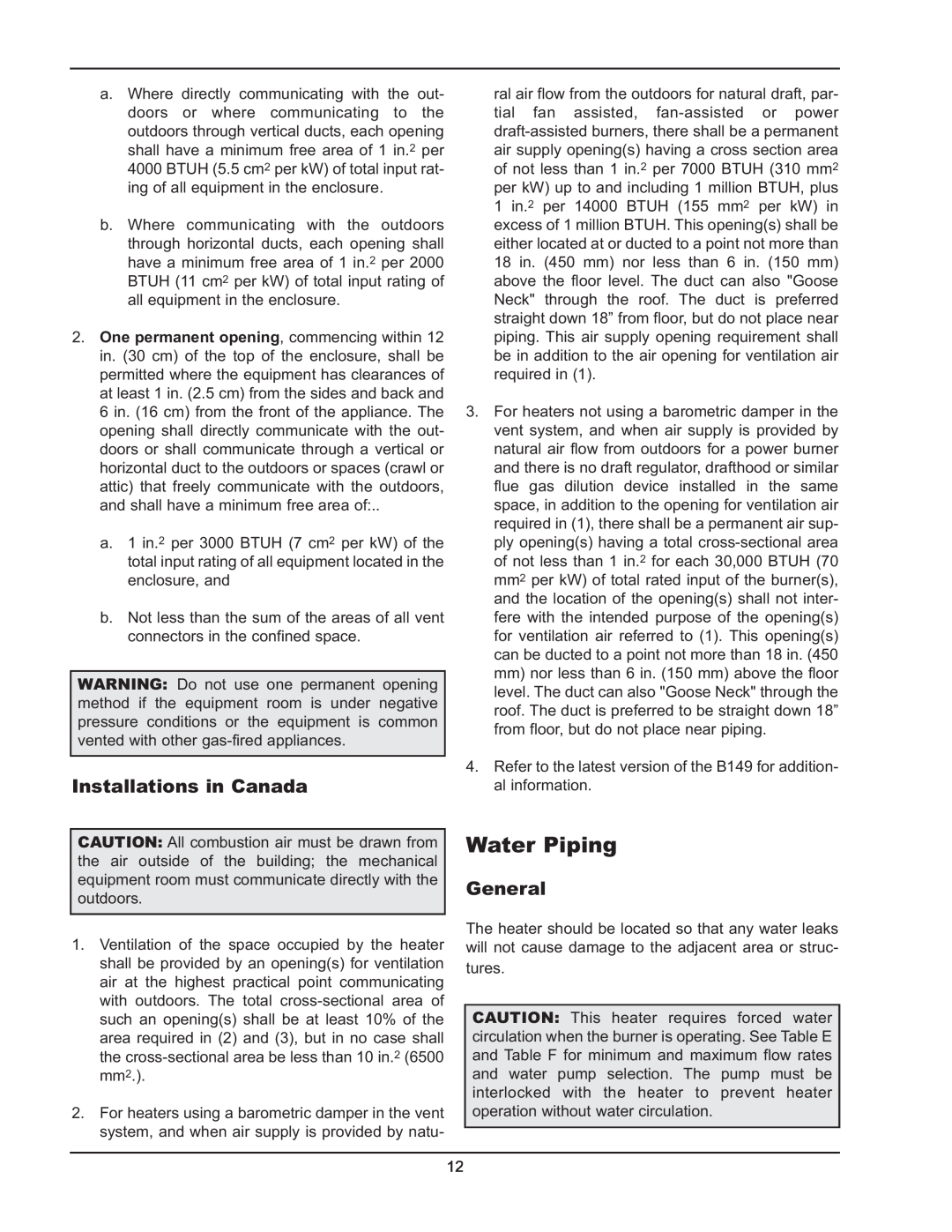 Raypak HD401, HD101 manual Water Piping, Installations in Canada, General 