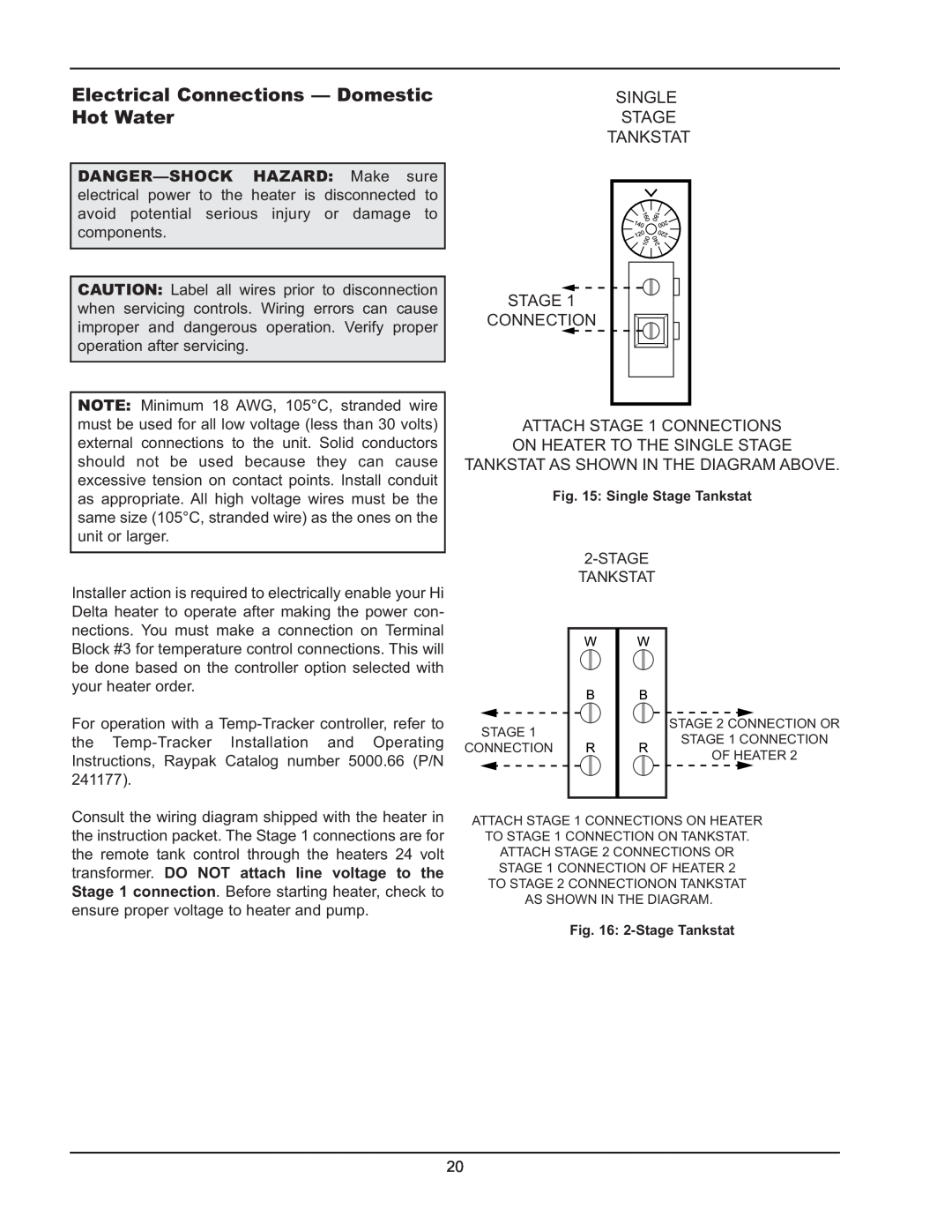 Raypak HD401, HD101 manual Electrical Connections - Domestic Hot Water, Single Stage Tankstat Stage Connection 
