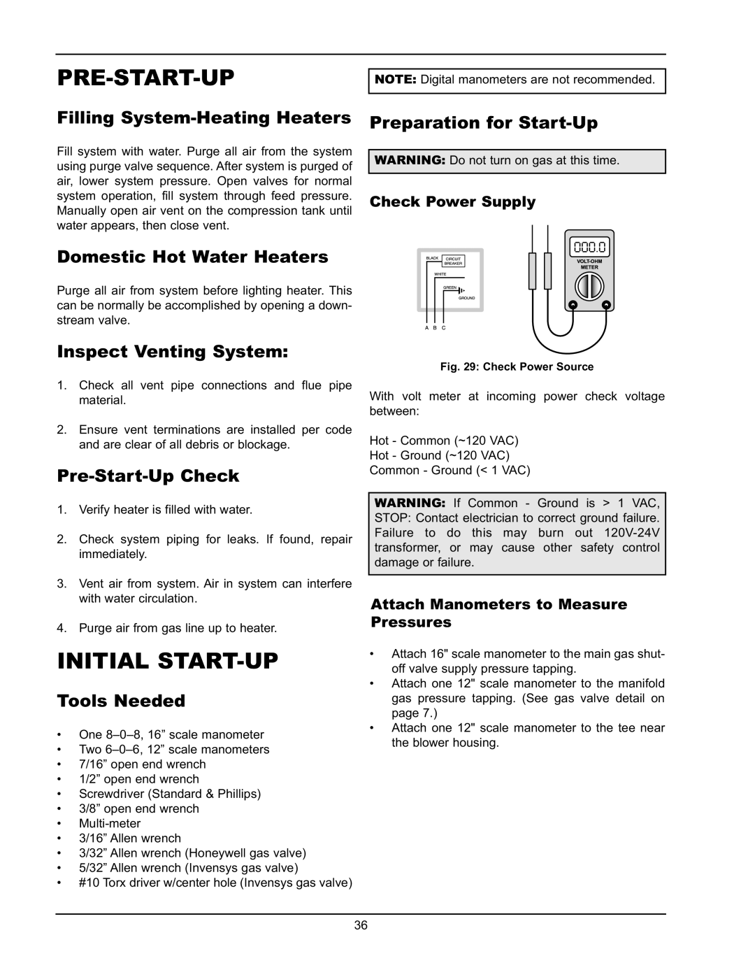 Raypak HD401 Initial Start-Up, Domestic Hot Water Heaters, Inspect Venting System, Pre-Start-UpCheck, Tools Needed 