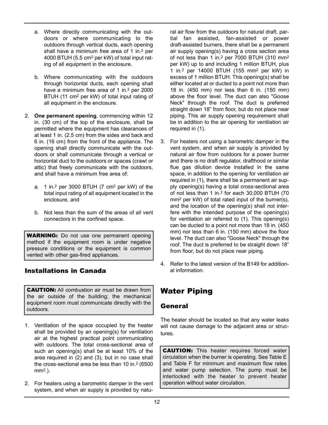 Raypak HD401, HD101 operating instructions Water Piping, Installations in Canada, General 
