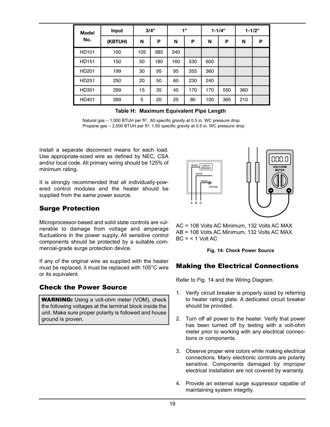 Raypak HD101, HD401 operating instructions Surge Protection, Check the Power Source, Making the Electrical Connections 