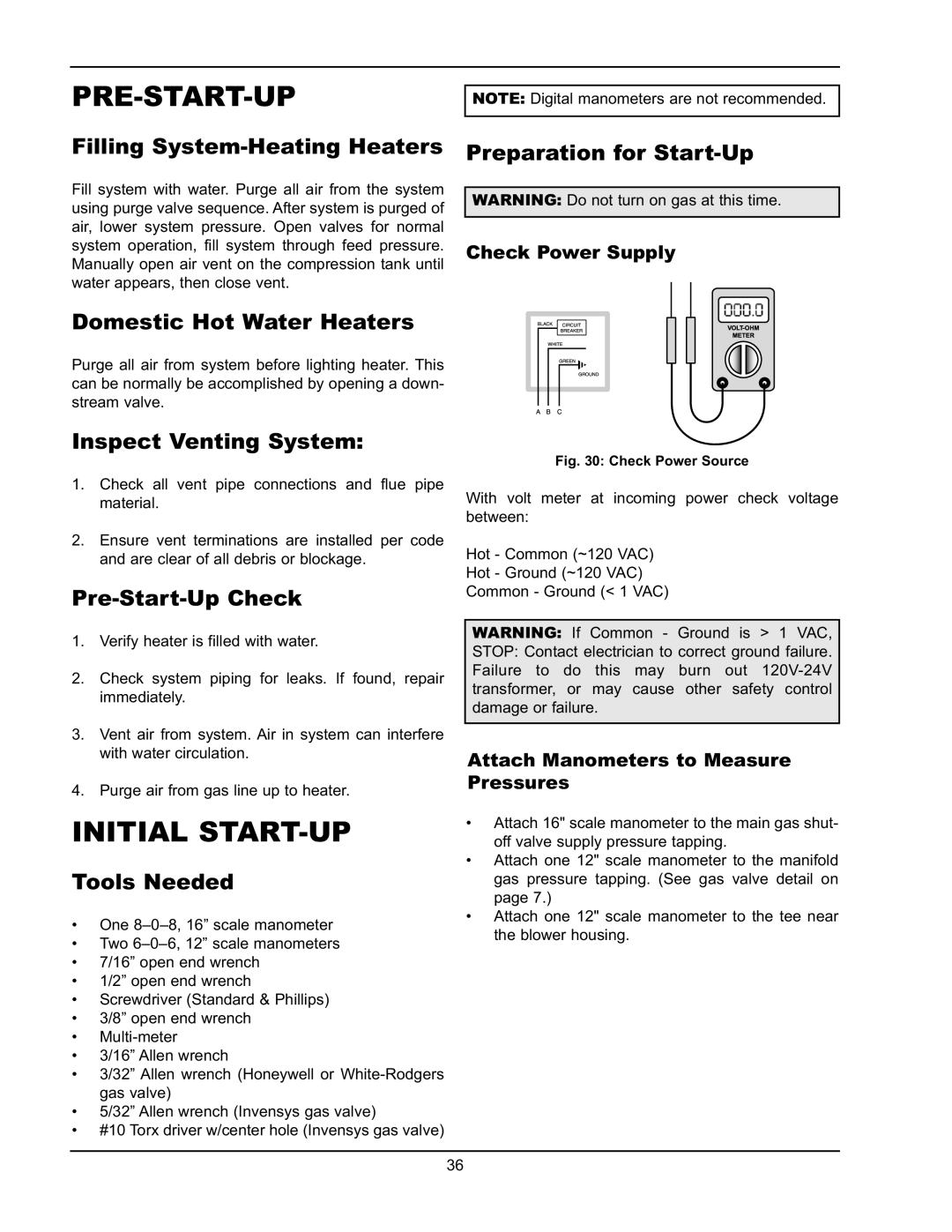 Raypak HD401, HD101 Initial Start-Up, Filling System-HeatingHeaters, Domestic Hot Water Heaters, Pre-Start-UpCheck 