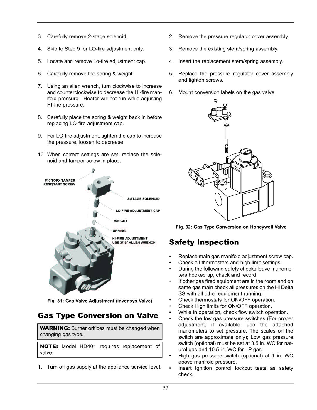 Raypak HD101, HD401 operating instructions Gas Type Conversion on Valve, Safety Inspection 