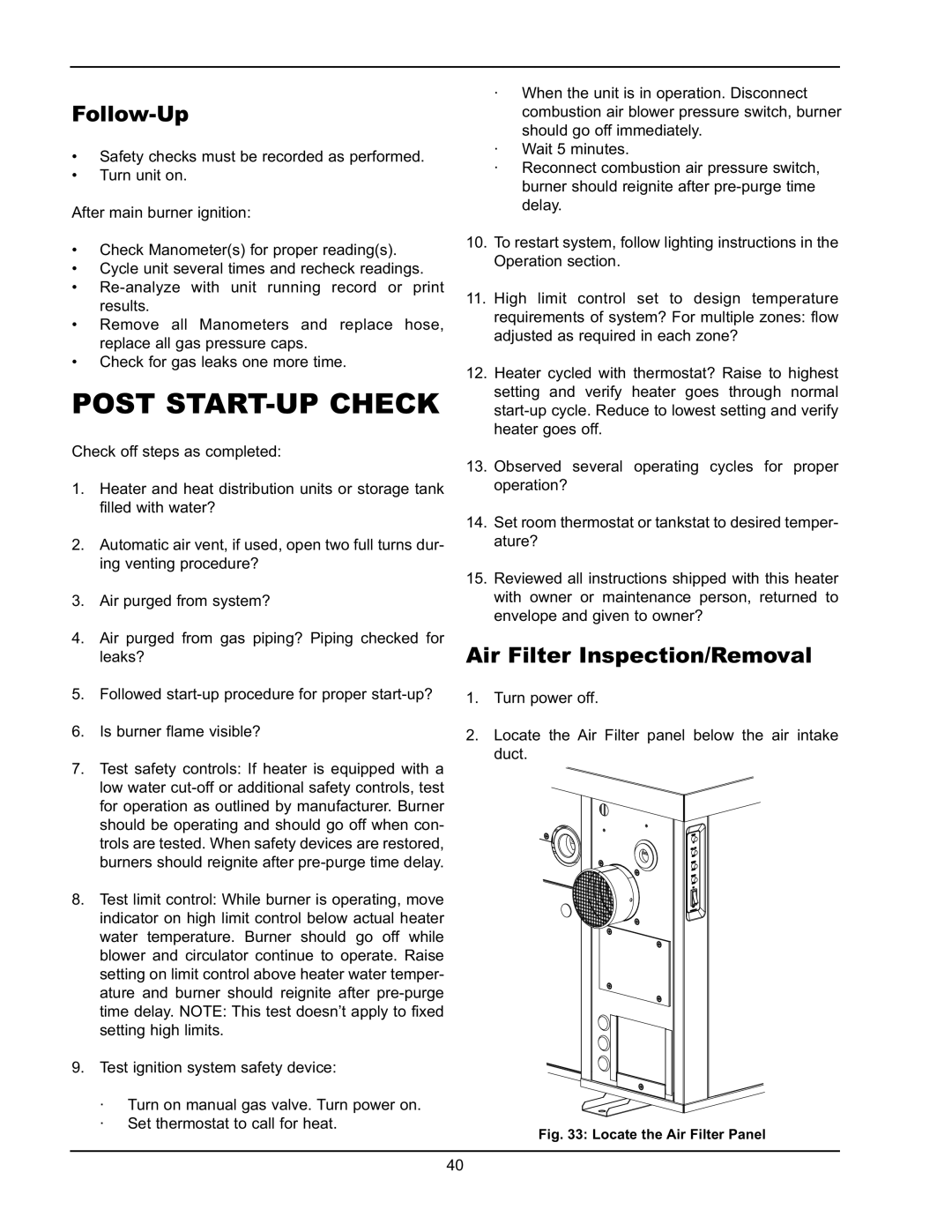 Raypak HD401, HD101 operating instructions Post Start-Upcheck, Follow-Up, Air Filter Inspection/Removal 