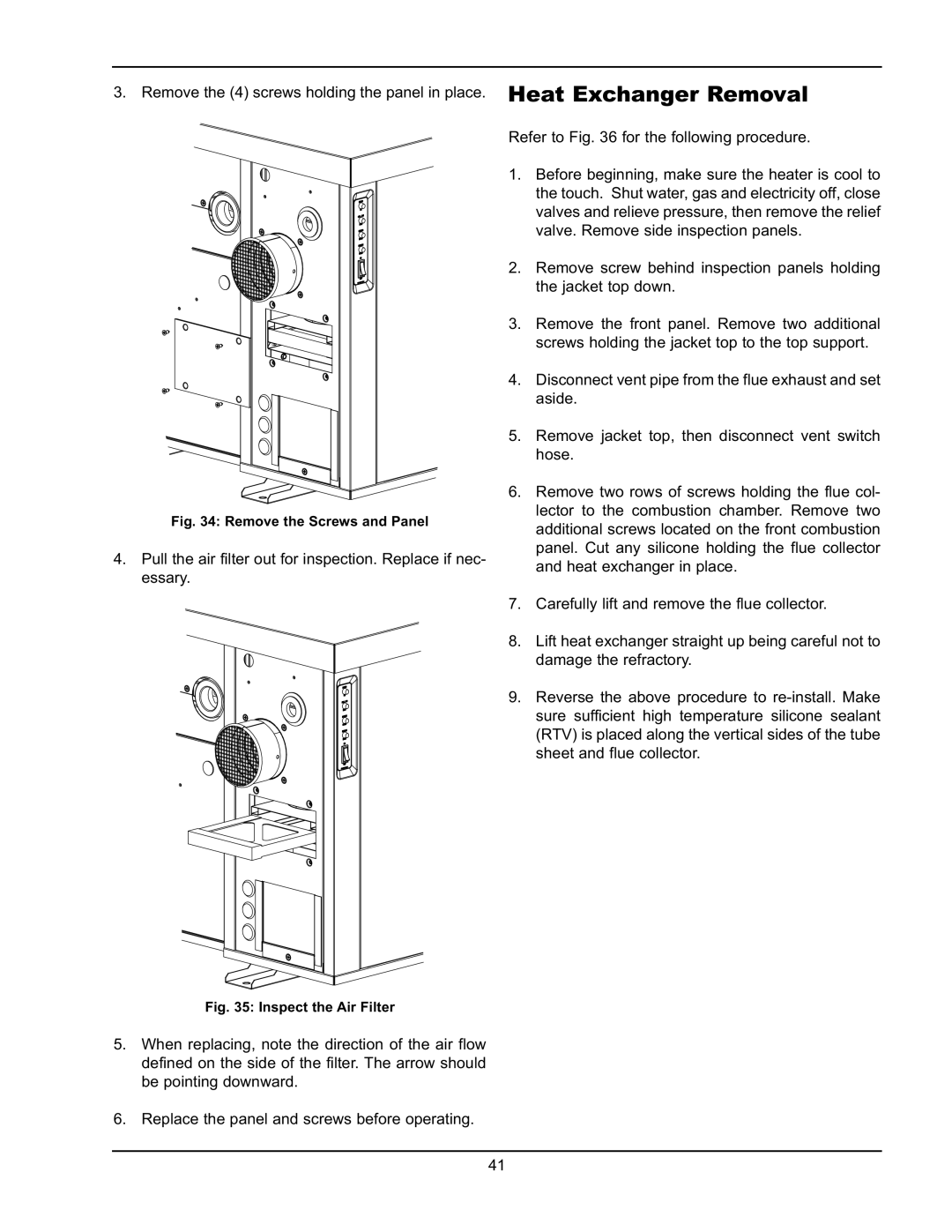 Raypak HD101, HD401 operating instructions Heat Exchanger Removal 