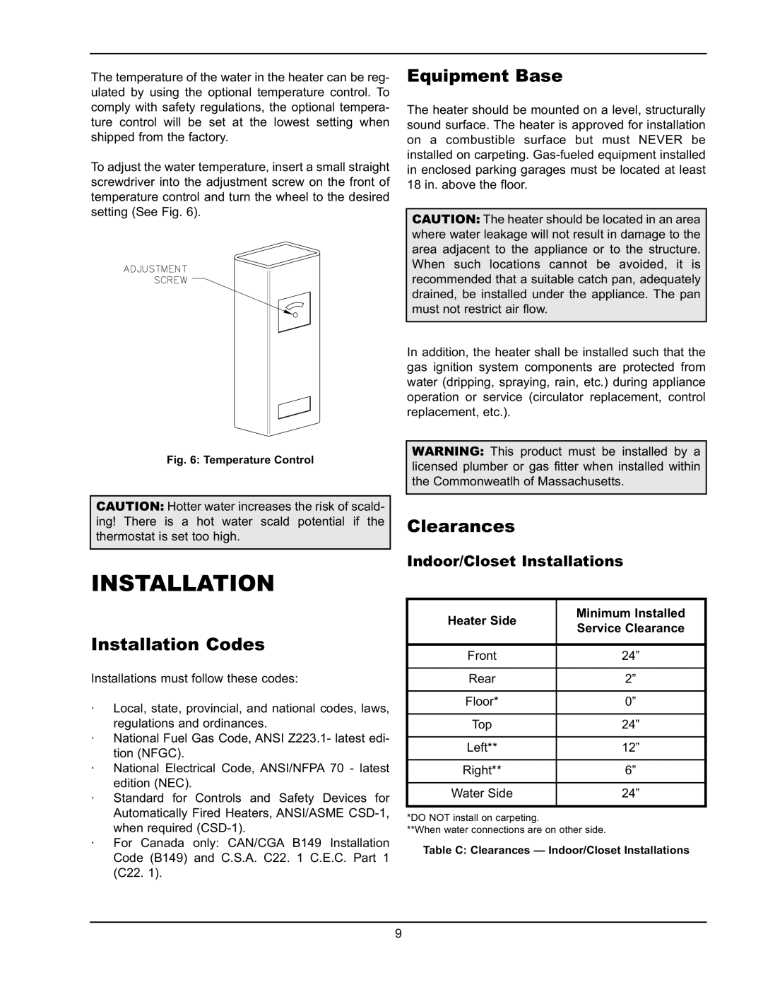 Raypak HD101, HD401 operating instructions Installation Codes, Equipment Base, Clearances, Indoor/Closet Installations 