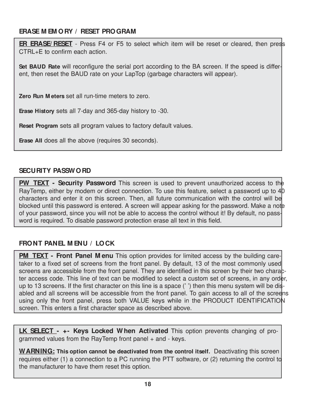 Raypak Hot Water Energy Management Control manual Erase Memory / Reset Program, Security Password, Front Panel Menu / Lock 