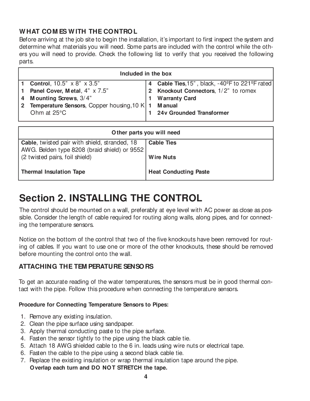 Raypak Hot Water Energy Management Control manual What Comes with the Control, Attaching the Temperature Sensors, Manual 