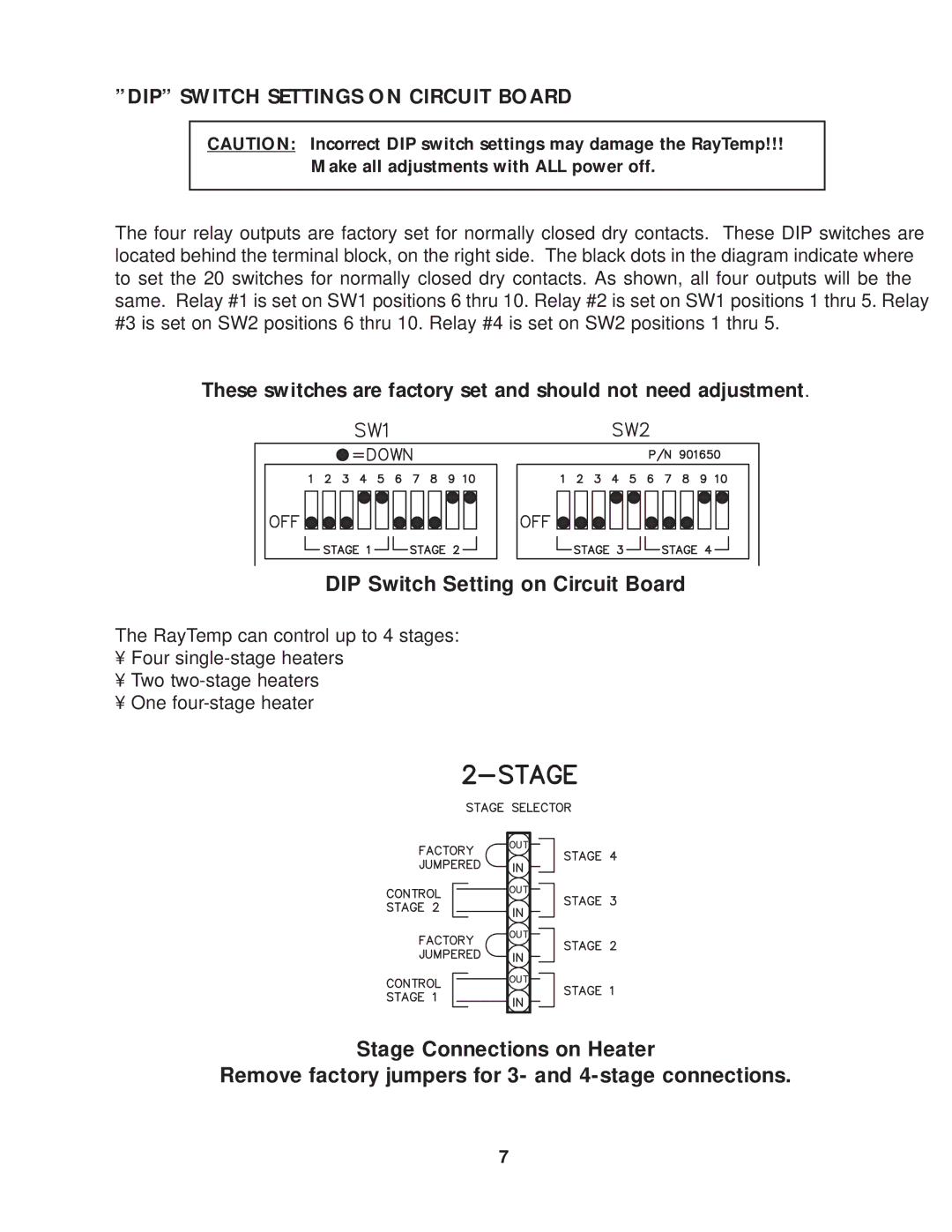 Raypak Hot Water Energy Management Control DIP Switch Settings on Circuit Board, Make all adjustments with ALL power off 