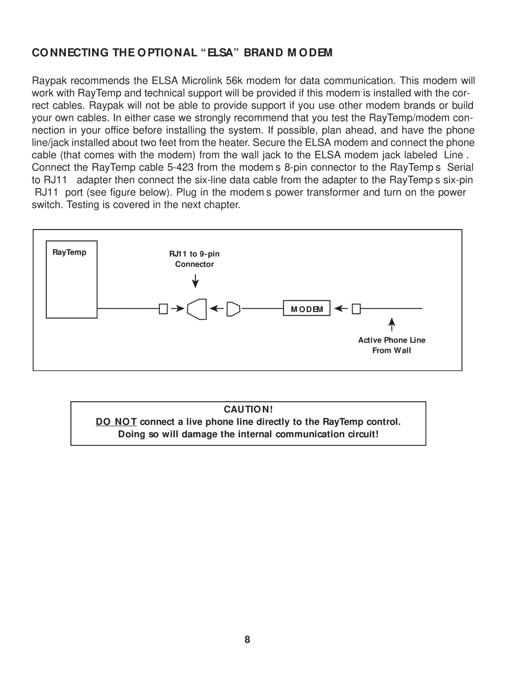 Raypak Hot Water Energy Management Control manual Connecting the Optional Elsa Brand Modem 