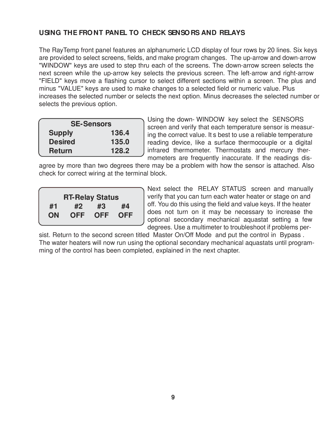 Raypak Hot Water Energy Management Control manual Using the Front Panel to Check Sensors and Relays, RT-Relay Status 