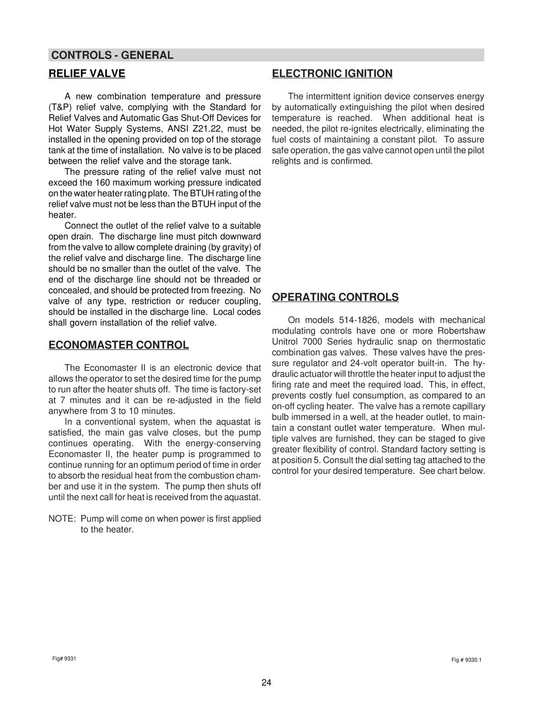 Raypak NH, 0133-4001 WH manual Controls General, Relief Valve, Electronic Ignition, Economaster Control, Operating Controls 
