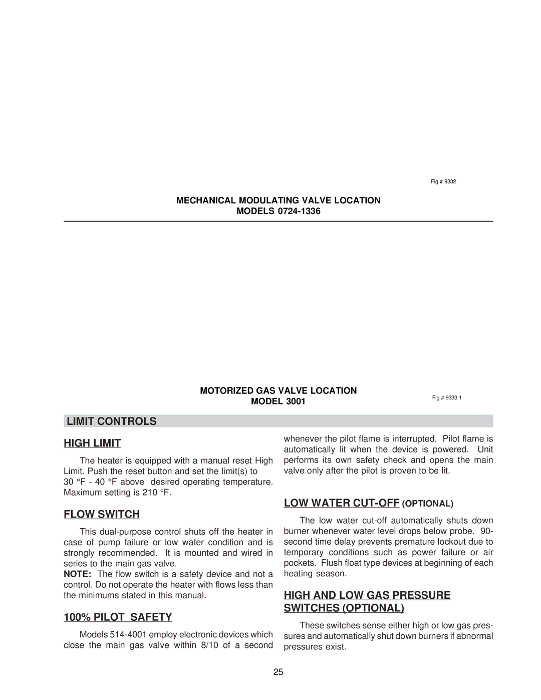 Raypak 0133-4001 WH, NH manual Limit Controls High Limit, Flow Switch, 100% Pilot Safety, LOW Water CUT-OFF Optional 