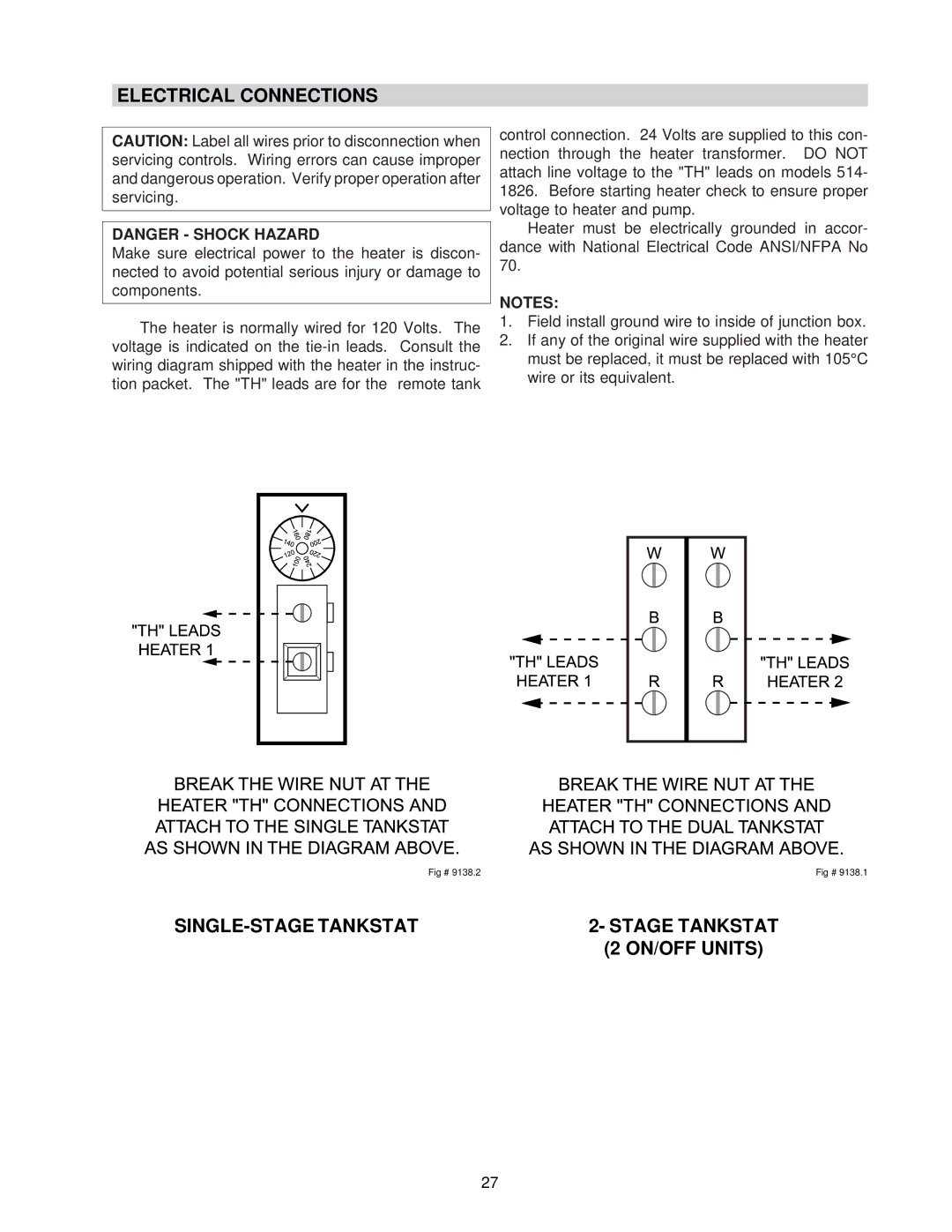 Raypak 0133-4001 WH, NH manual Electrical Connections, SINGLE-STAGE Tankstat, ON/OFF Units 