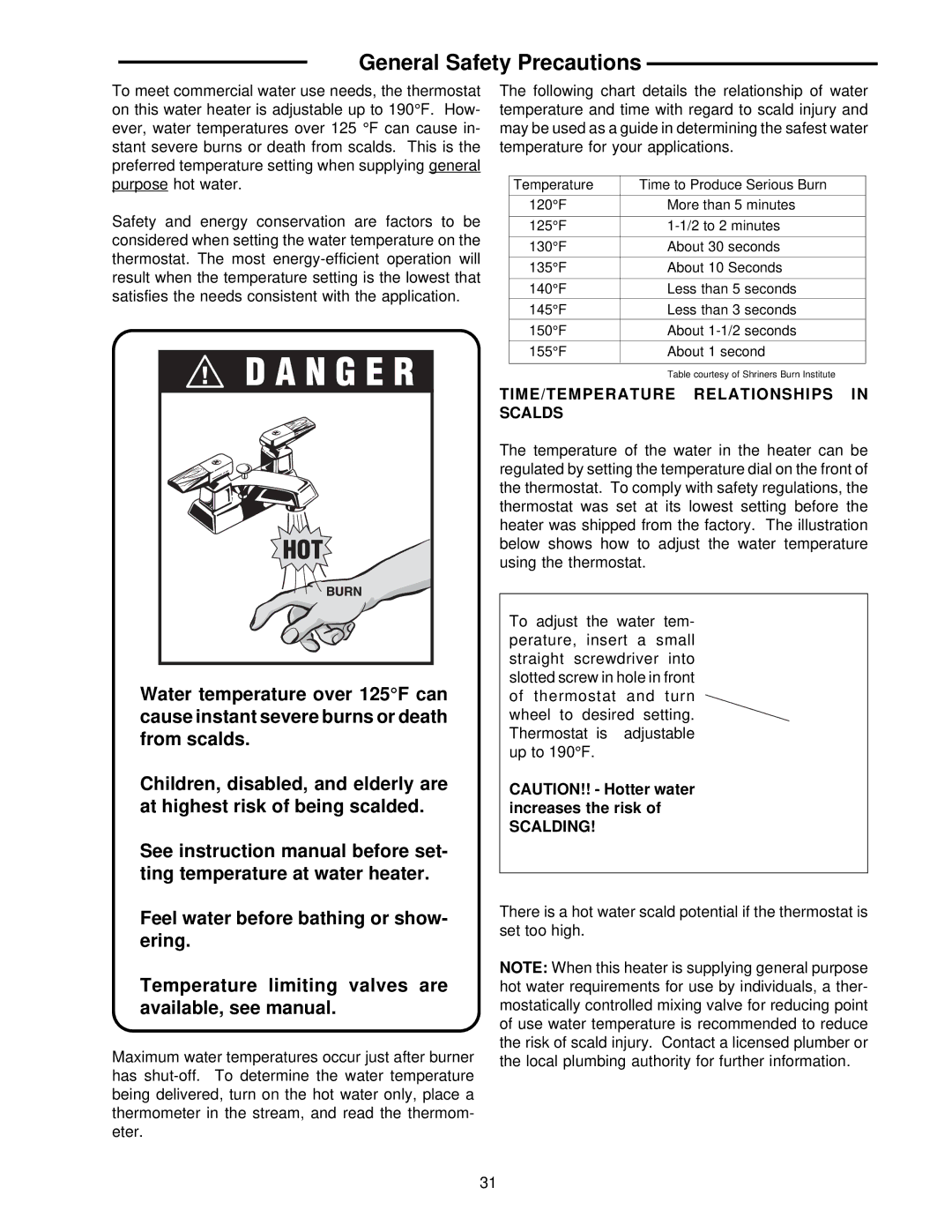 Raypak 0133-4001 WH, NH manual TIME/TEMPERATURE Relationships in Scalds, Scalding 