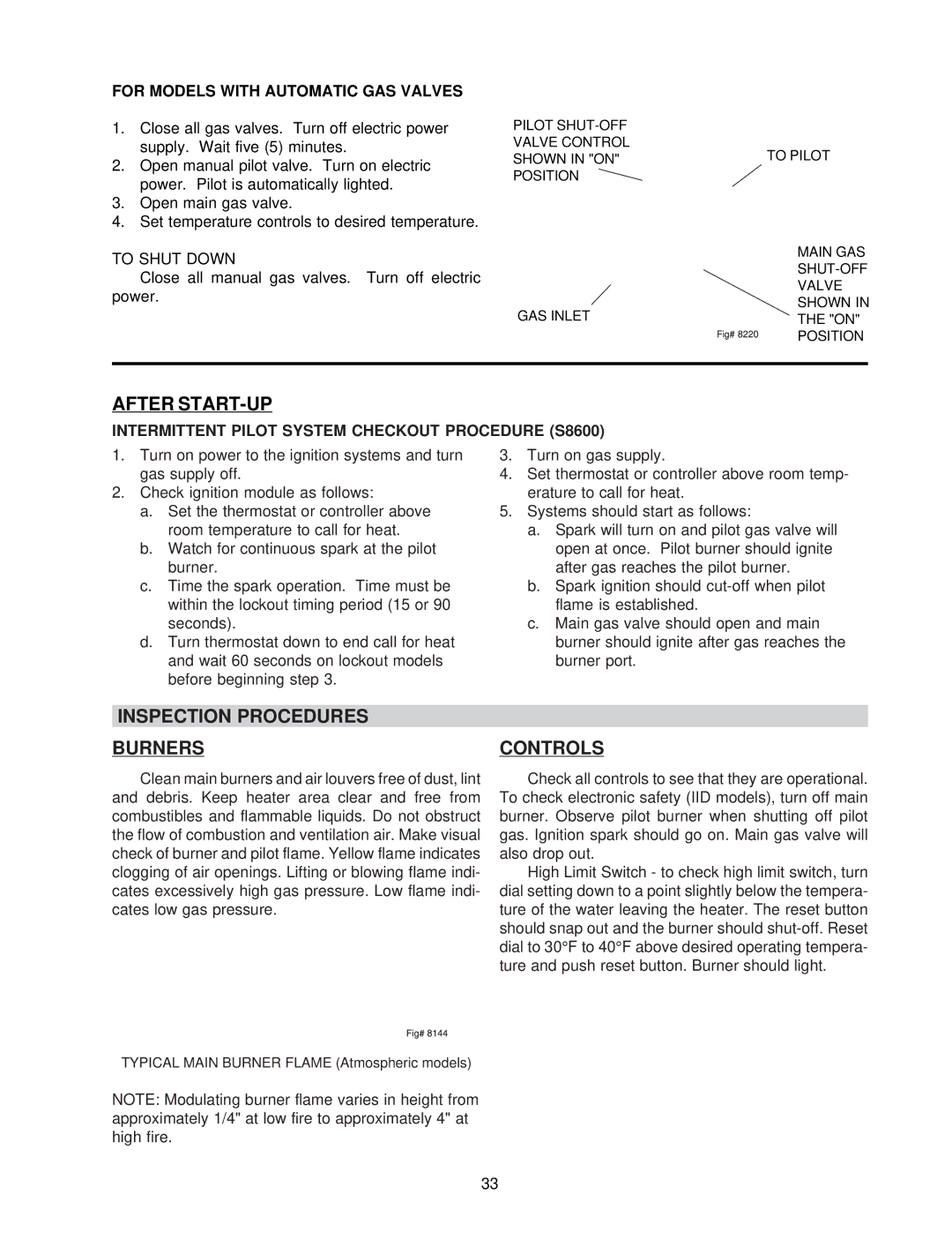 Raypak 0133-4001 WH, NH manual After START-UP, Inspection Procedures Burners, Controls, For Models with Automatic GAS Valves 