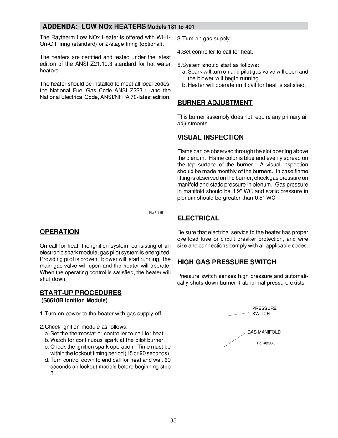 Raypak 0133-4001 WH, NH manual Burner Adjustment, Visual Inspection, Operation, Electrical, High GAS Pressure Switch 