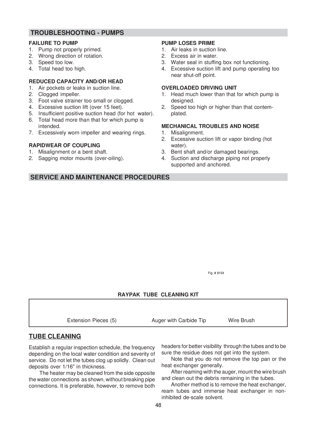 Raypak NH, 0133-4001 WH manual Troubleshooting Pumps, Service and Maintenance Procedures, Tube Cleaning 