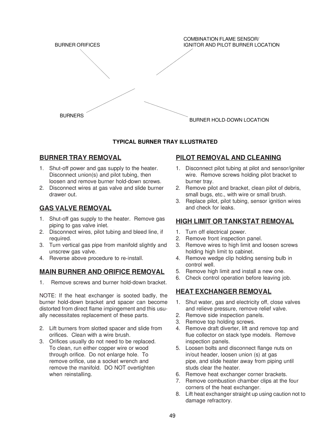 Raypak 0133-4001 WH, NH manual Pilot Removal and Cleaning, High Limit or Tankstat Removal, Heat Exchanger Removal 