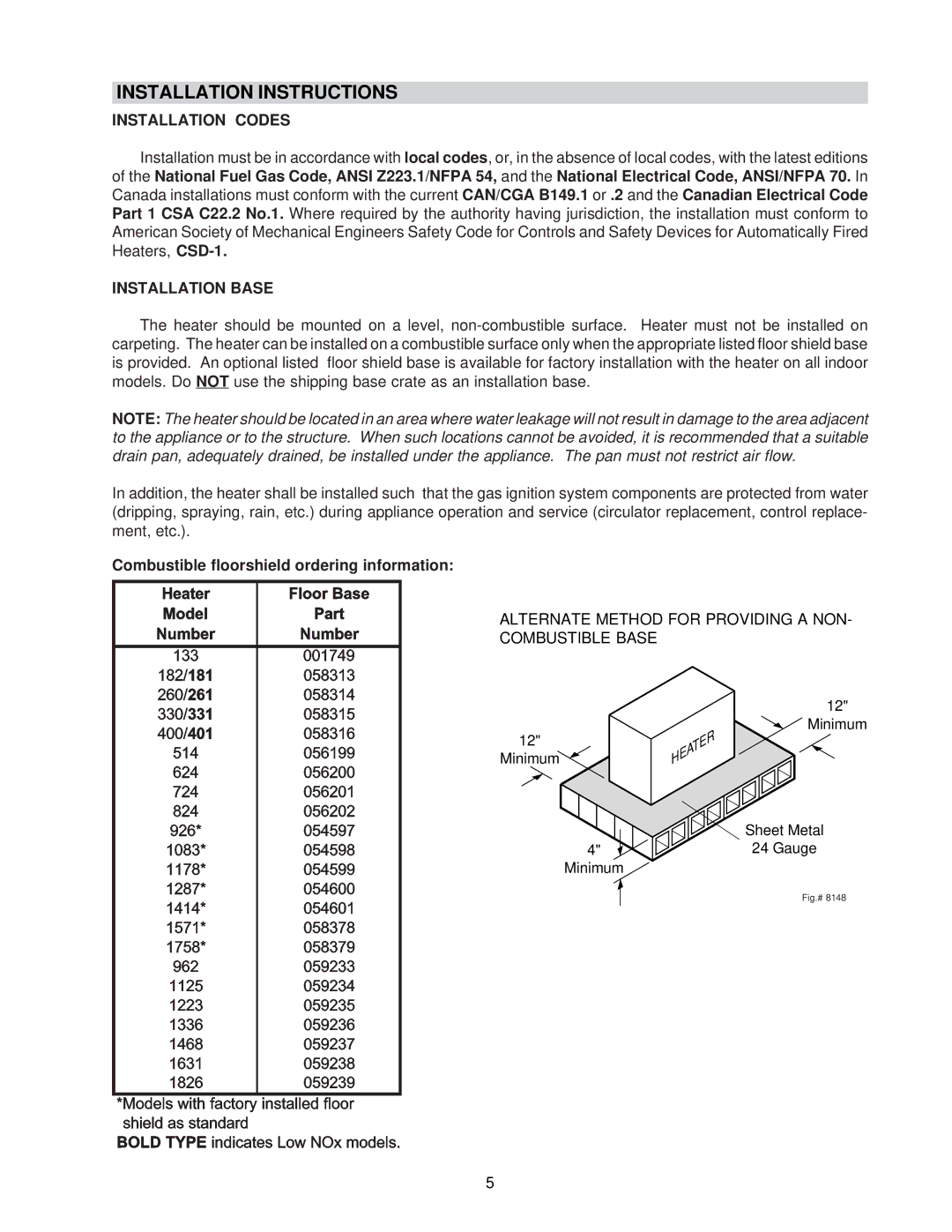 Raypak 0133-4001 WH, NH manual Installation Instructions, Installation Codes 