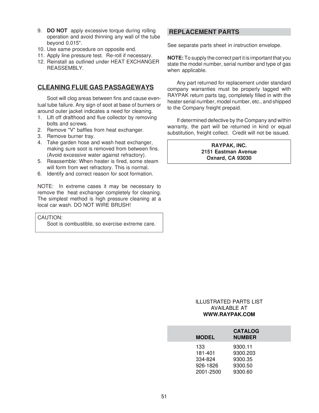 Raypak 0133-4001 WH, NH manual Cleaning Flue GAS Passageways, Replacement Parts, Catalog Model Number 