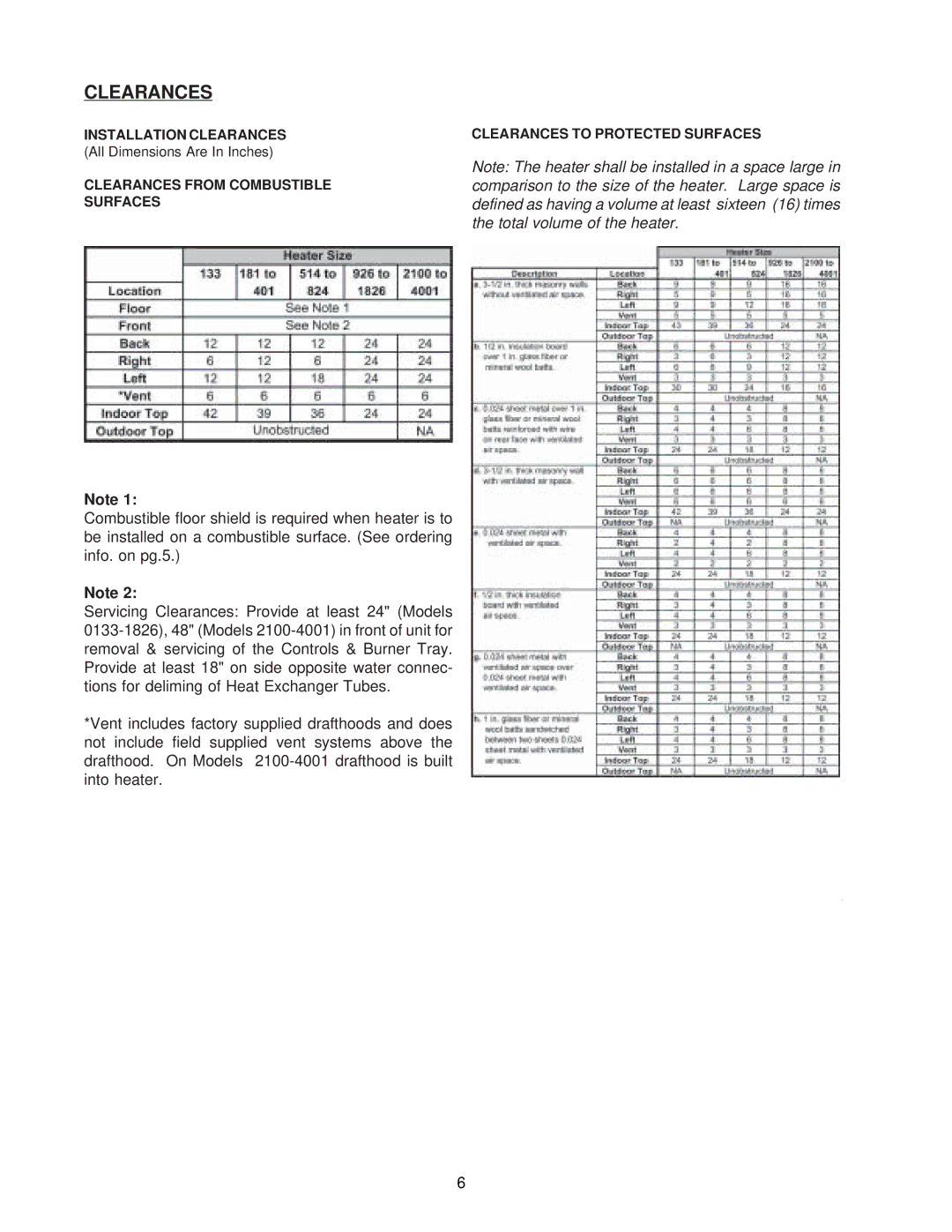 Raypak NH, 0133-4001 WH manual Clearances 