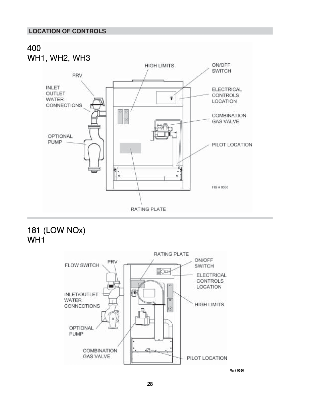 Raypak NH, 0133-4001 WH manual Location Of Controls, 400 WH1, WH2, WH3 181 LOW NOx WH1 