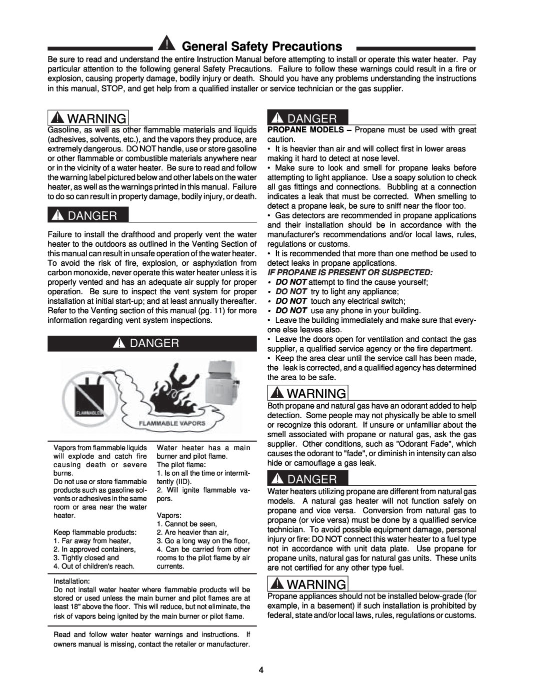 Raypak NH, 0133-4001 WH manual General Safety Precautions, Danger, If Propane Is Present Or Suspected 