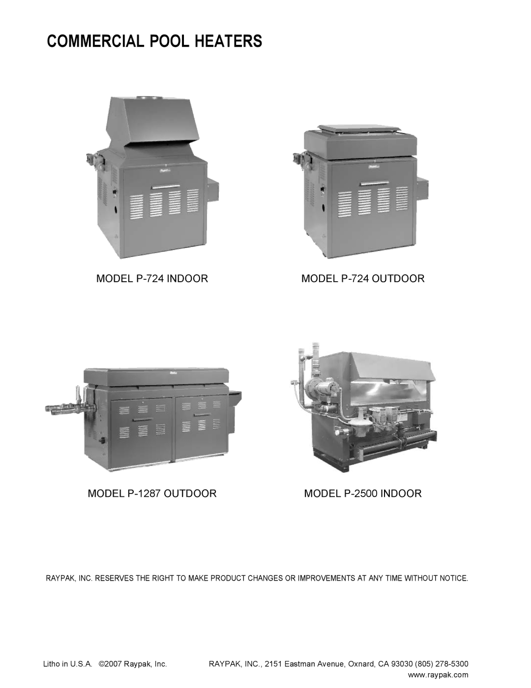 Raypak P-724, P-1336, P-1223, P-1287, P-514 manual Commercial Pool Heaters 