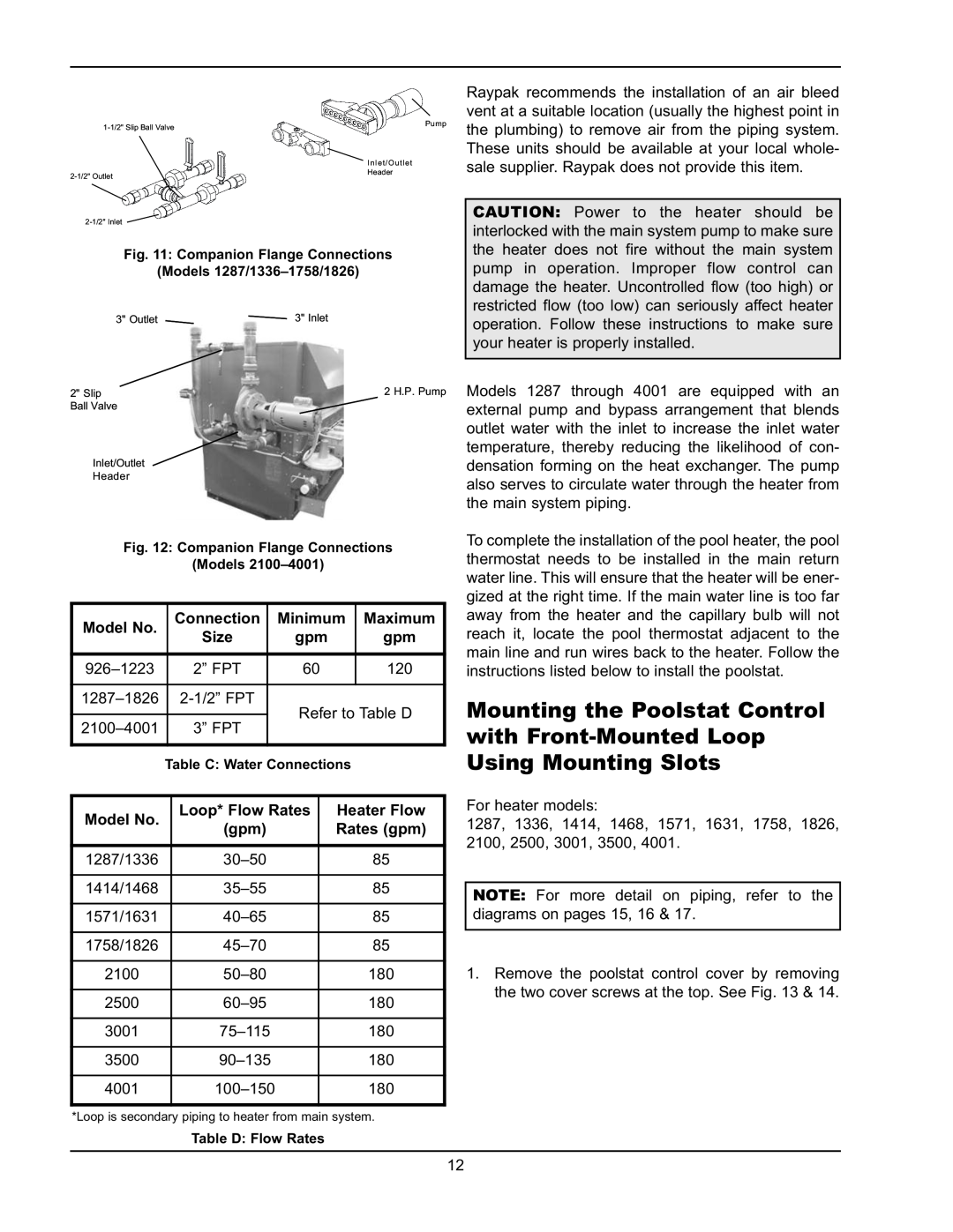 Raypak P-1826, P-4001, P-926, P-2100 manual Connection, Minimum, Model No. Loop* Flow Rates Heater Flow, gpm Rates gpm 