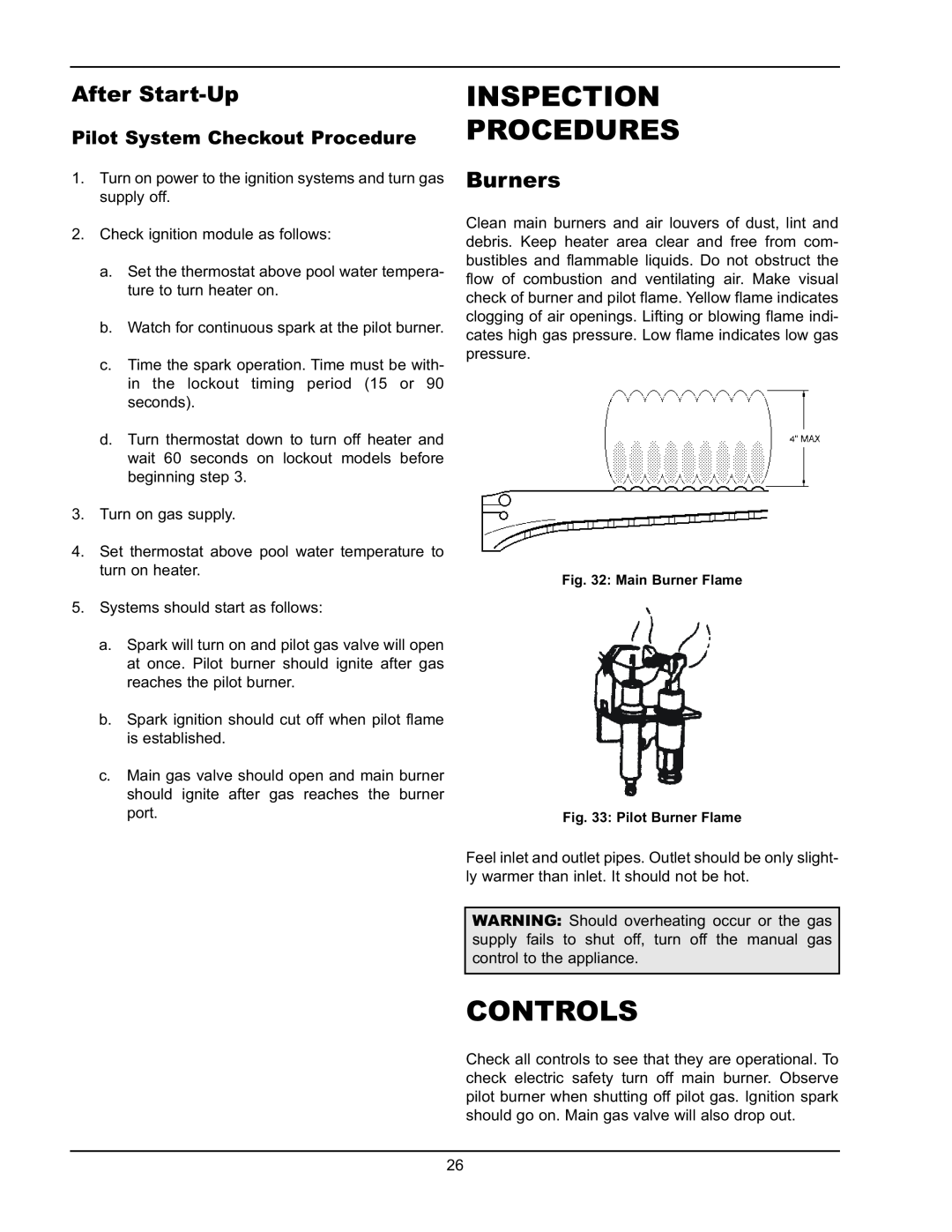 Raypak P-926, P-1826, P-4001, P-2100 manual Inspection Procedures, After Start-Up, Burners, Controls 