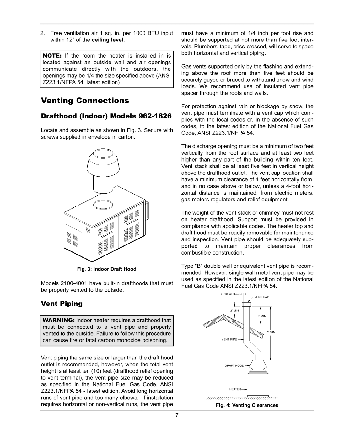 Raypak P-2100, P-1826, P-4001, P-926 manual Venting Connections, Drafthood Indoor Models, Vent Piping 